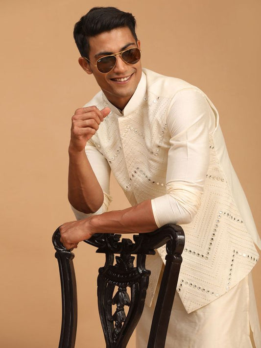 Men's Cream Viscose Straight Jacket  Kurta and Pyjama Set