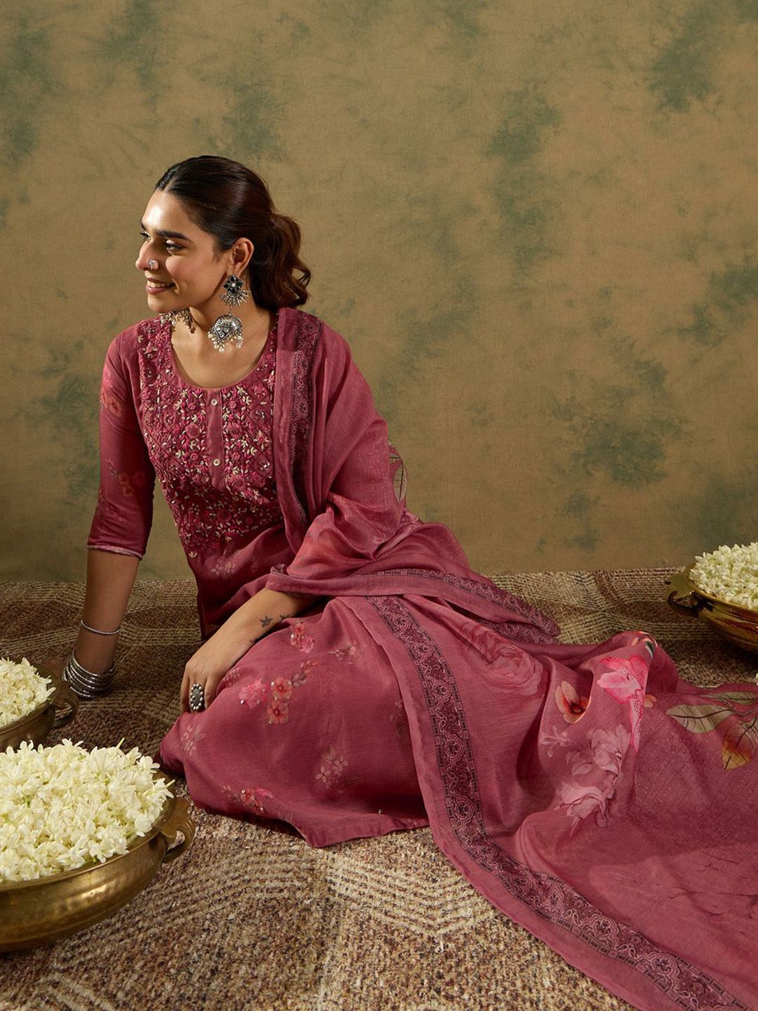 Floral Printed Thread Work Chanderi Silk Straight Kurta with Trouser & Dupatta