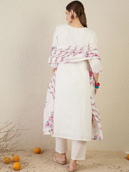 Ethnic Motifs Embroidered Thread Work Pure Cotton Kurta With Trouser & Dupatta