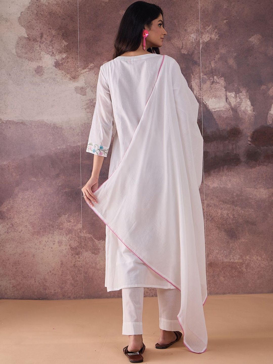 Embroidered Notch Neck Thread Work Pure Cotton Kurta With Trousers & Dupatta