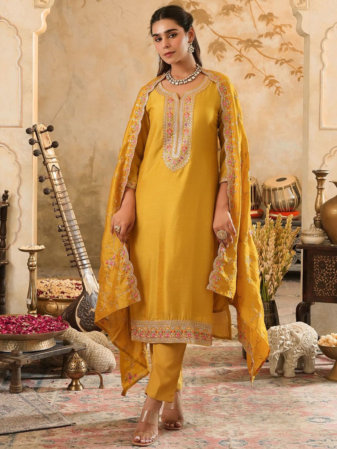 Women Floral Embroidered Kurta with Trousers & Dupatta
