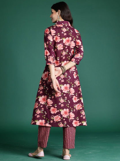 Dhiyona IE Floral Printed V-Neck Pure Cotton A-Line Tunic With Trouser