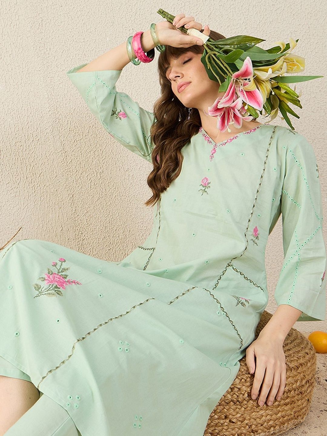 Women Embroidered Beads and Stones Pure Cotton Kurta with Trousers