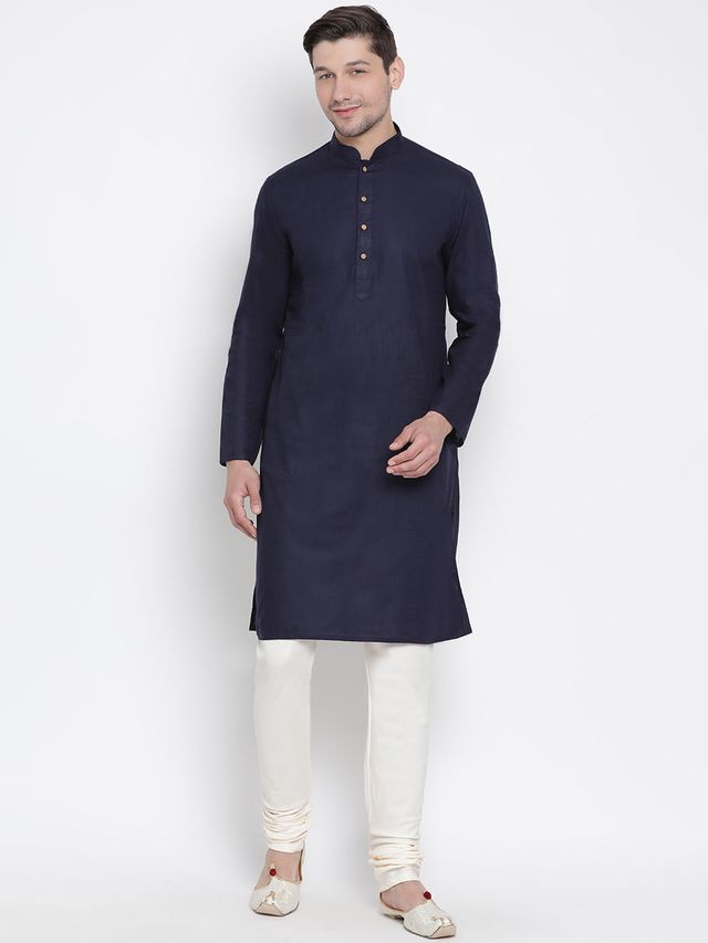 Men's Navy Blue Cotton Linen Straight Kurta Pyjama Set