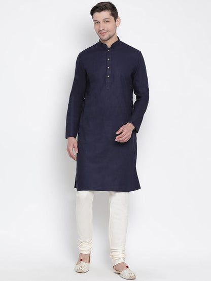 Men's Navy Blue Cotton Linen Straight Kurta Pyjama Set