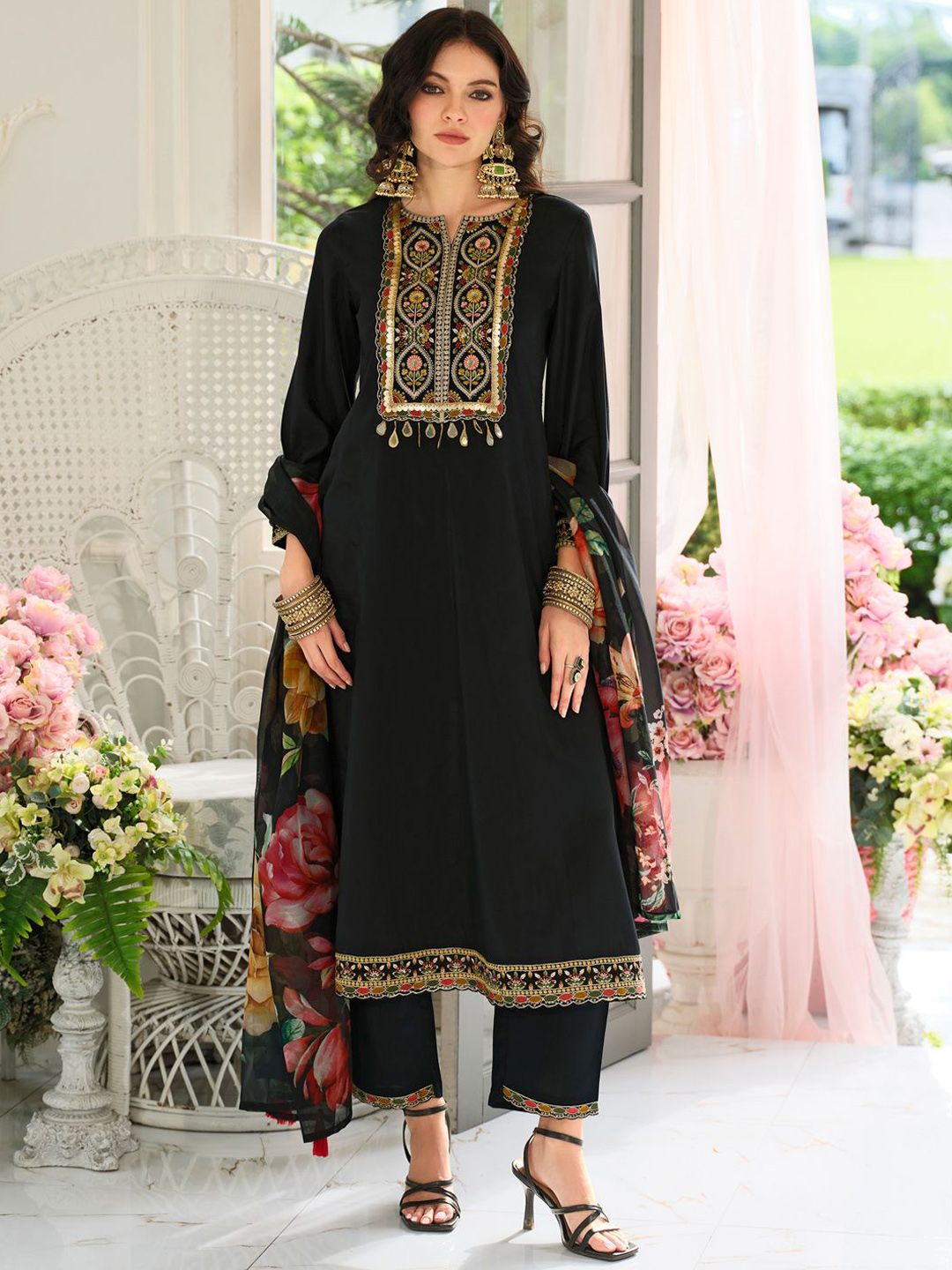 Floral Yoke Design Panelled Sequinned A-Line Kurta With Trousers & Dupatta