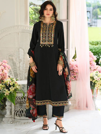 Floral Yoke Design Panelled Sequinned A-Line Kurta With Trousers & Dupatta