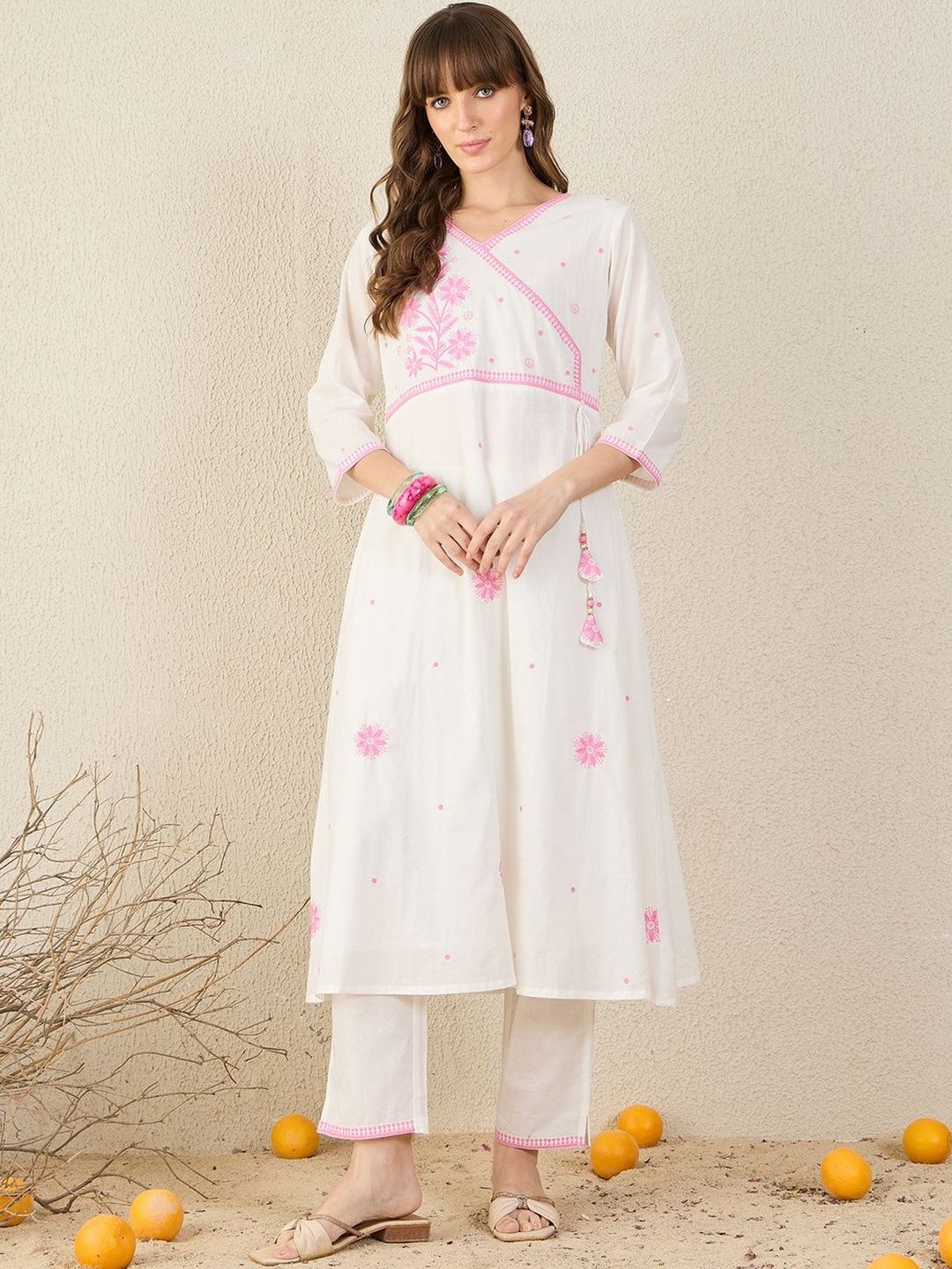 Dhiyona IE Women Floral Embroidered Cotton A-Line Kurta with Trousers