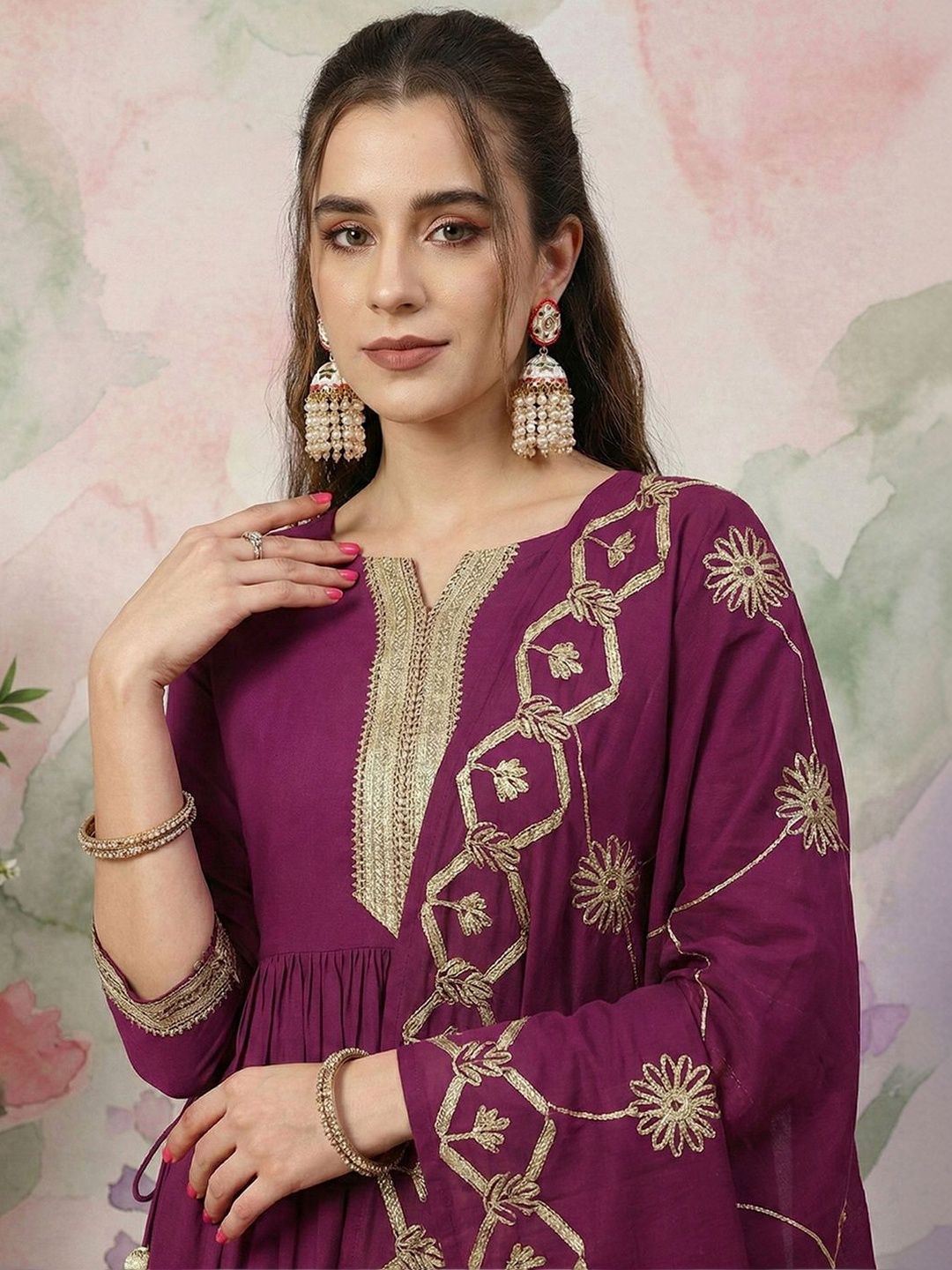 Dhiyona CH Women Ethnic Motifs Embroidered Tiered Thread Work Kurta with Trousers & With Dupatta