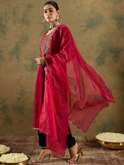 Dhiyona IE Ethnic Motifs Embroidered Regular Velvet Straight Kurta with Trousers & Dupatta