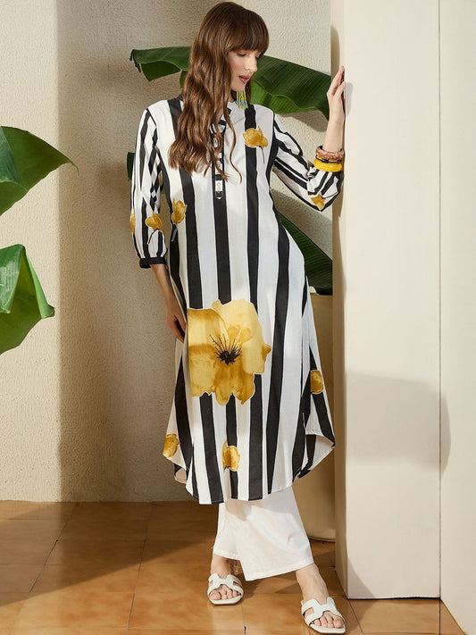 Women Striped Cotton A-Line Kurta with Trouser