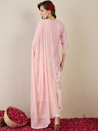 Women Floral Printed Regular Thread Work Linen Kurta with Trousers & With Dupatta