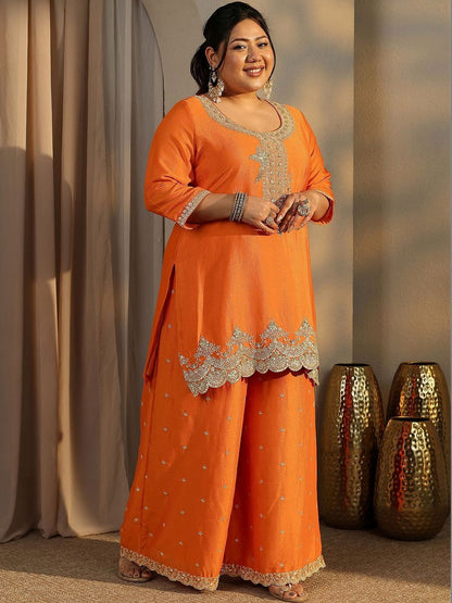 Dhiyona Women's Plus Size Ethnic Motifs Embroidered Kurta with Palazzo & Dupatta