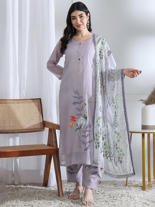 Dhiyona PD Women Floral Printed Thread Work Straight Kurta With Trousers & Dupatta