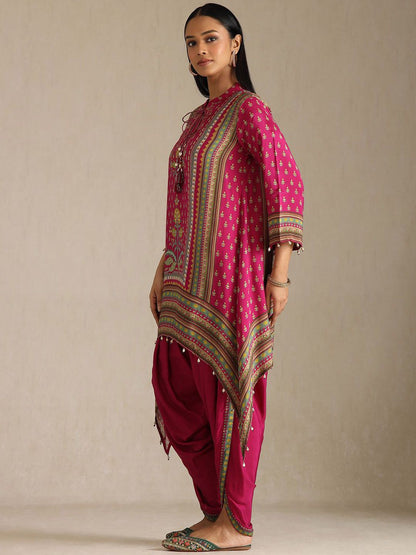 Dhiyona SO Women's Women Ethnic Motifs Printed Tie-Up Neck Regular Kurta with Dhoti Pants