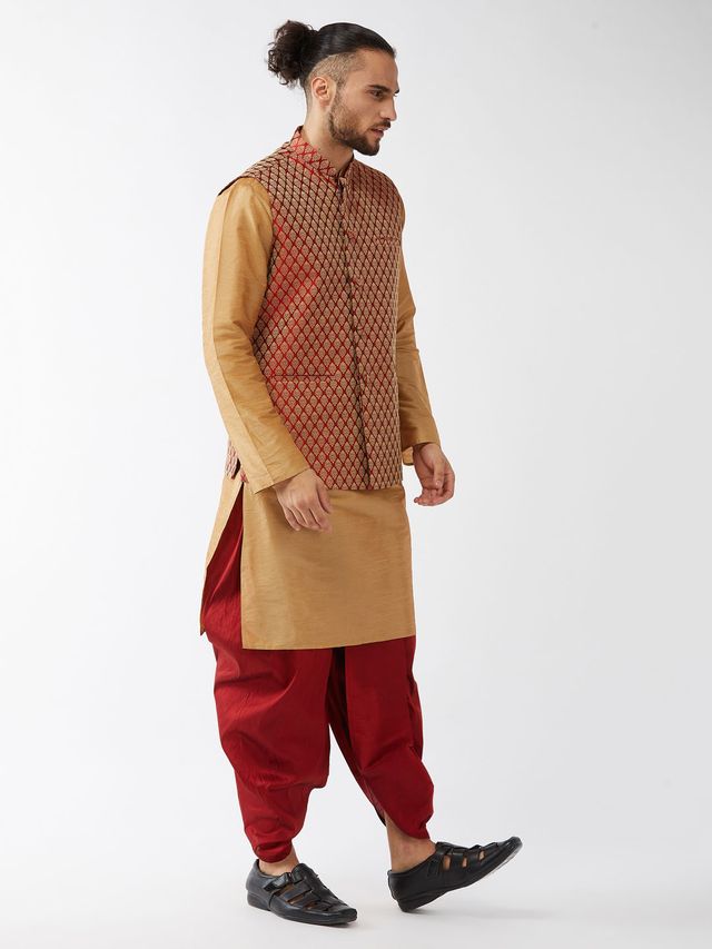 Men's Rose Gold Silk Blend Straight Jacket  Kurta and Dhoti Set