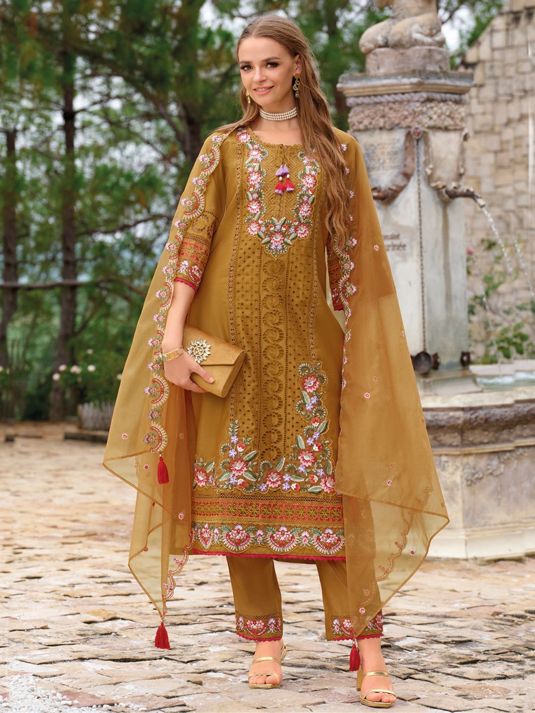 Adults-Women Woven Design Embroidered Kurta with Trousers & Dupatta