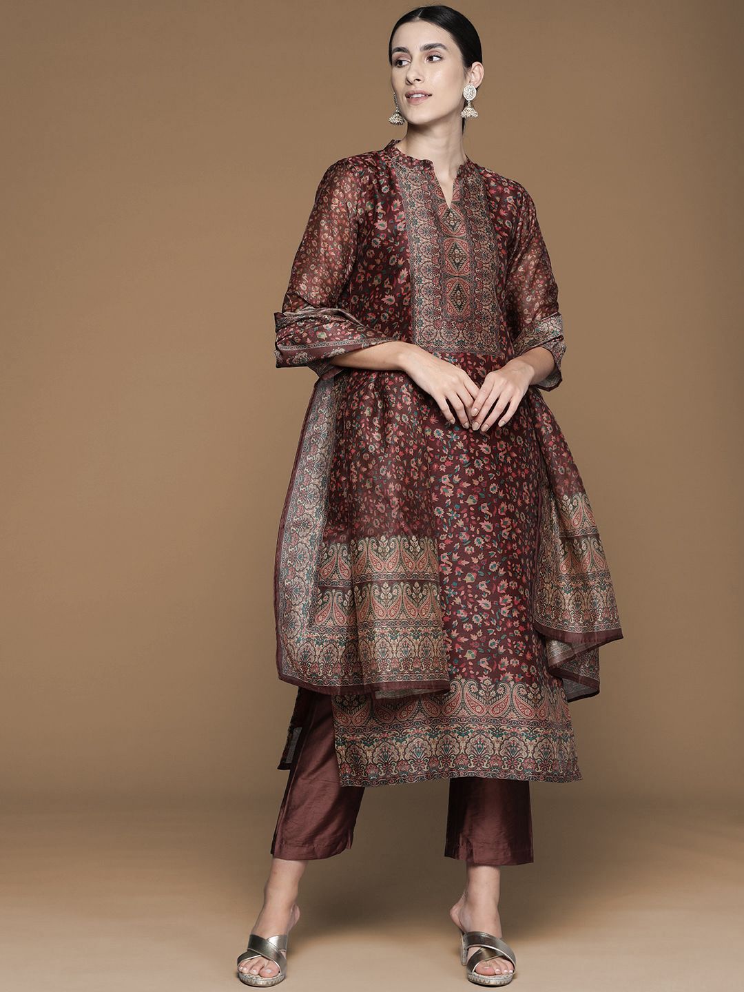Dhiyona PD Women Floral Printed Mandarin Collar Chanderi Silk Kurta With Trouser & Dupatta