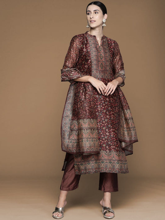 Dhiyona PD Women Floral Printed Mandarin Collar Chanderi Silk Kurta With Trouser & Dupatta