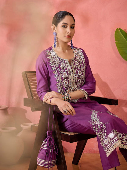 Dhiyona SN Women's Embroidered Straight Kurta & Trousers With Bag