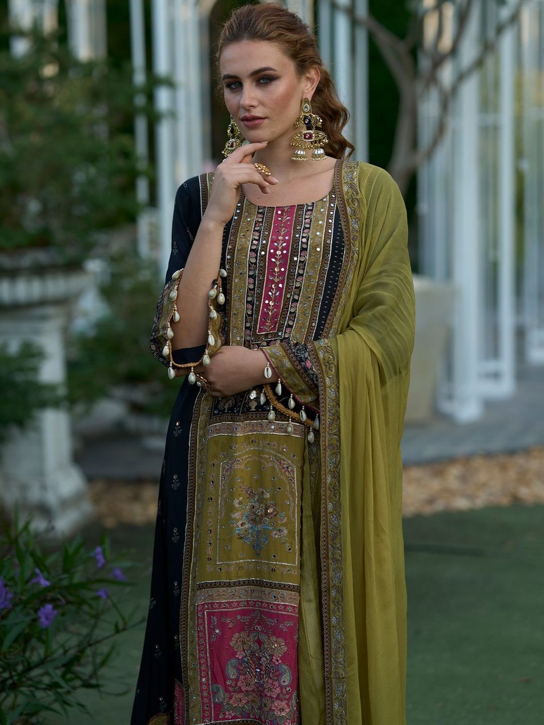 Ethnic Motifs Printed Regular Mirror Work Kurta With Palazzos & Dupatta