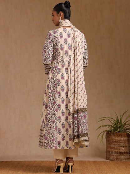 Dhiyona SO Women's Women Floral Printed Regular Mirror Work Pure Cotton Kurta with Trousers & Dupatta