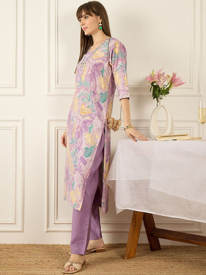 Floral Printed Thread Work Pure Cotton Kurta With Palazzos
