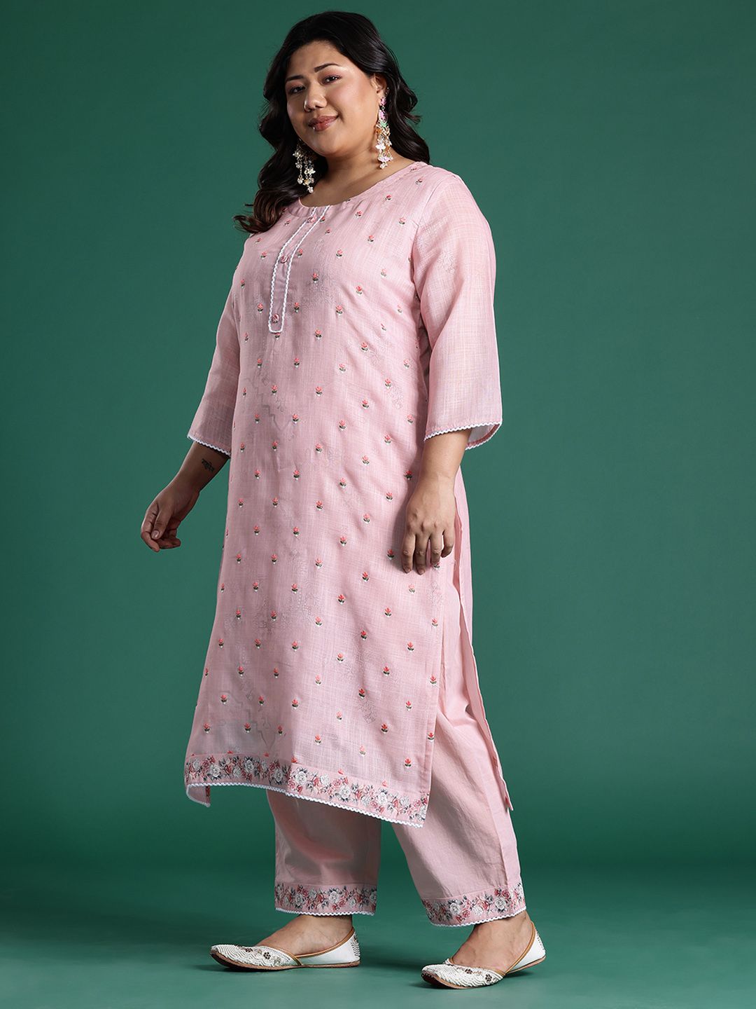 Pink Embroidered Straight Kurta With Trousers & Dupatta