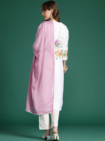 Floral Printed Regular Linen Kurta With Trouser And Dupatta