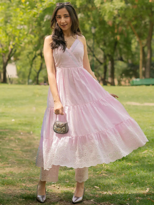 Women's LB The Kiara Cut Pink Self Design Cotton Anarkali Kurta With Trousers