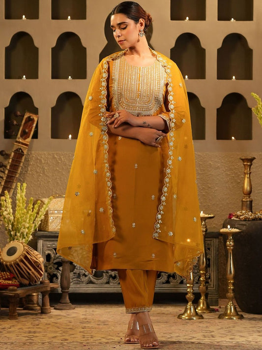 Women Ethnic Motifs Embroidered Regular Sequinned Kurta with Trousers & Dupatta