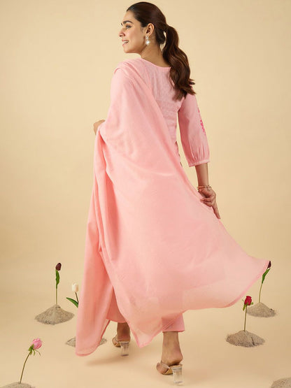 Dhiyona IE Women Floral Embroidered Panelled Thread Work Kurta with Trousers & Dupatta