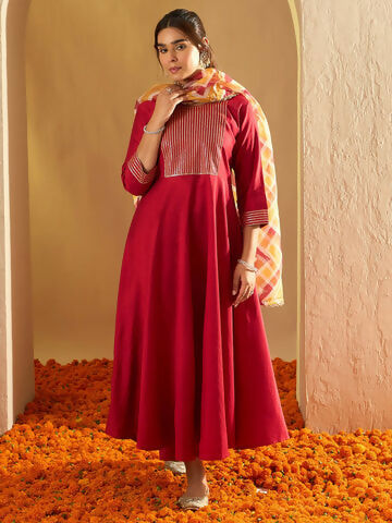 Women's Red Embroidered A-Line Kurta Trousers With Dupatta set