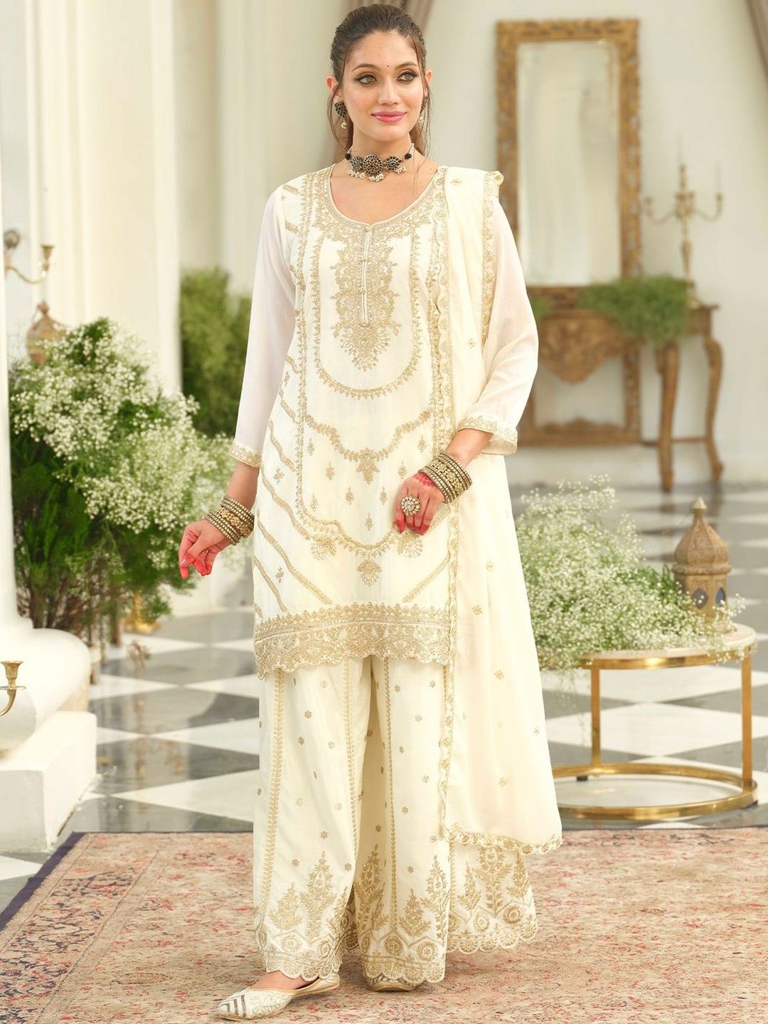 Floral Embroidered Thread Work Kurta With Palazzos & Dupatta