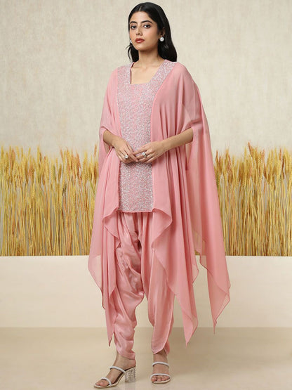 Dhiyona SO Women's Chevron Embroidered Square Neck Georgette Layered A-Line Kurti With Dhoti Pants