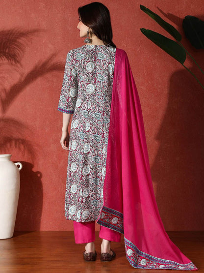 Dhiyona SN Women's Paisley Printed & Embroidered Pure Cotton A-Line Kurta & Trousers With Dupatta