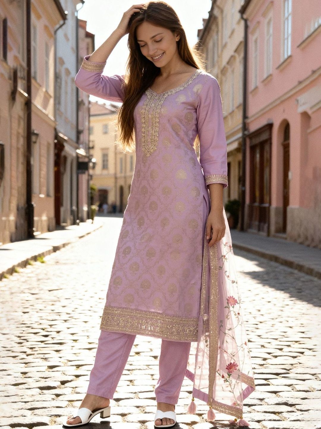 Women Regular Kurta with Trousers & With Dupatta