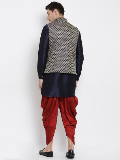 Men's Dark Blue Silk Blend Straight Jacket  Kurta and Dhoti Set
