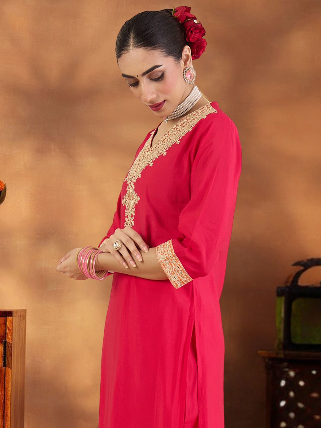 Dhiyona IE Women Ethnic Motifs Embroidered Regular Gotta Patti Kurta with Trousers