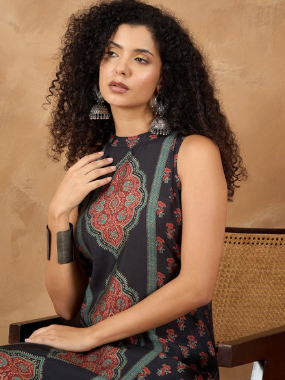 Dhiyona VA Women'sFloral Printed Sleeveless Straight Kurta With Trousers