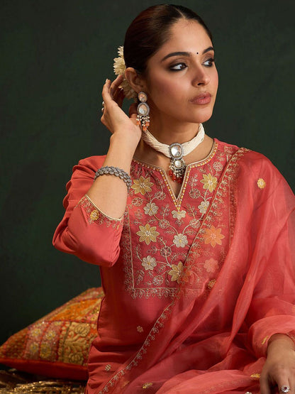 Dhiyona IE Orange Floral Embroidered Notch Neck Straight Kurta with Trousers & Dupatta