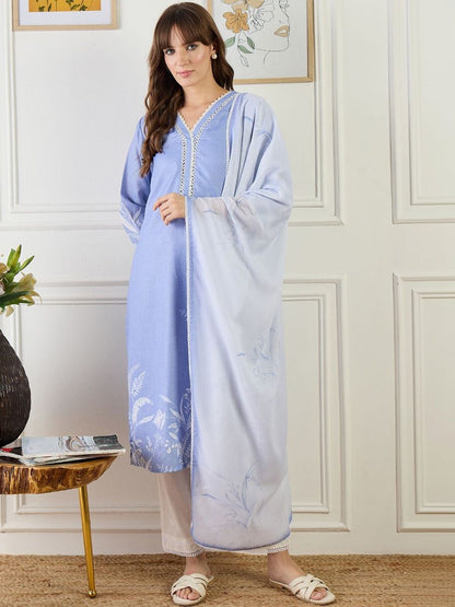 Women Floral Printed Regular Linen Kurta with Trousers & With Dupatta