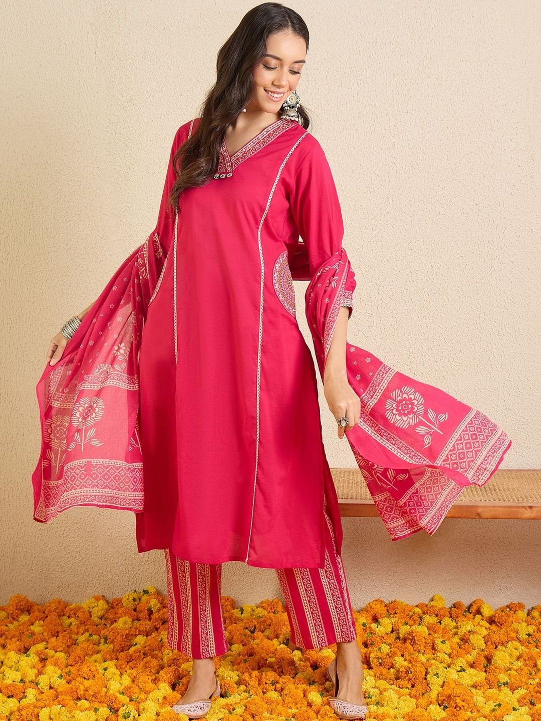 Women Ethnic Motifs Printed Regular Beads and Stones Pure Cotton Kurta with Trousers & With Dupatta