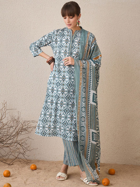 Dhiyona IE Abstract Printed Pure Cotton Straight Kurta With Trousers & Dupatta