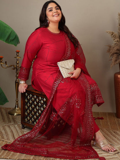 Dhiyona IN Women Ethnic Motifs Regular Sequinned Kurta with Trousers & With Dupatta
