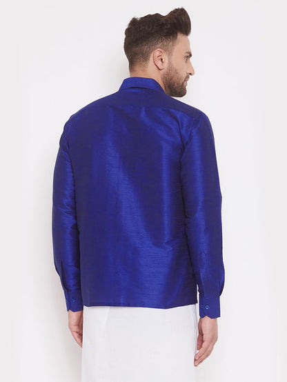 Men's Blue Silk Blend Straight Shirt And Mundu
