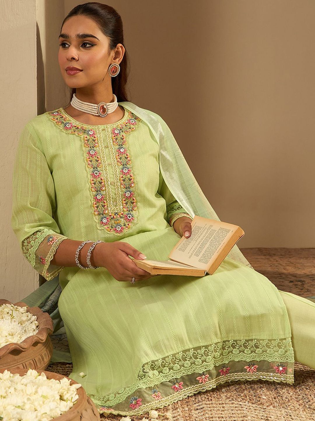 Floral Embroidered Pure Cotton Straight Kurta With Trousers & Dupatta