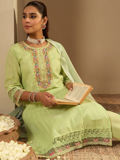 Floral Embroidered Pure Cotton Straight Kurta With Trousers & Dupatta