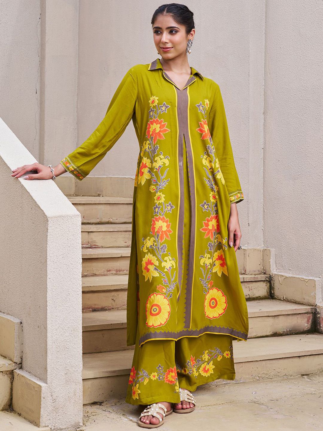 Dhiyona IE Floral Printed Shirt Collar A-Line Tunic & Palazzo