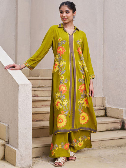 Dhiyona IE Floral Printed Shirt Collar A-Line Tunic & Palazzo